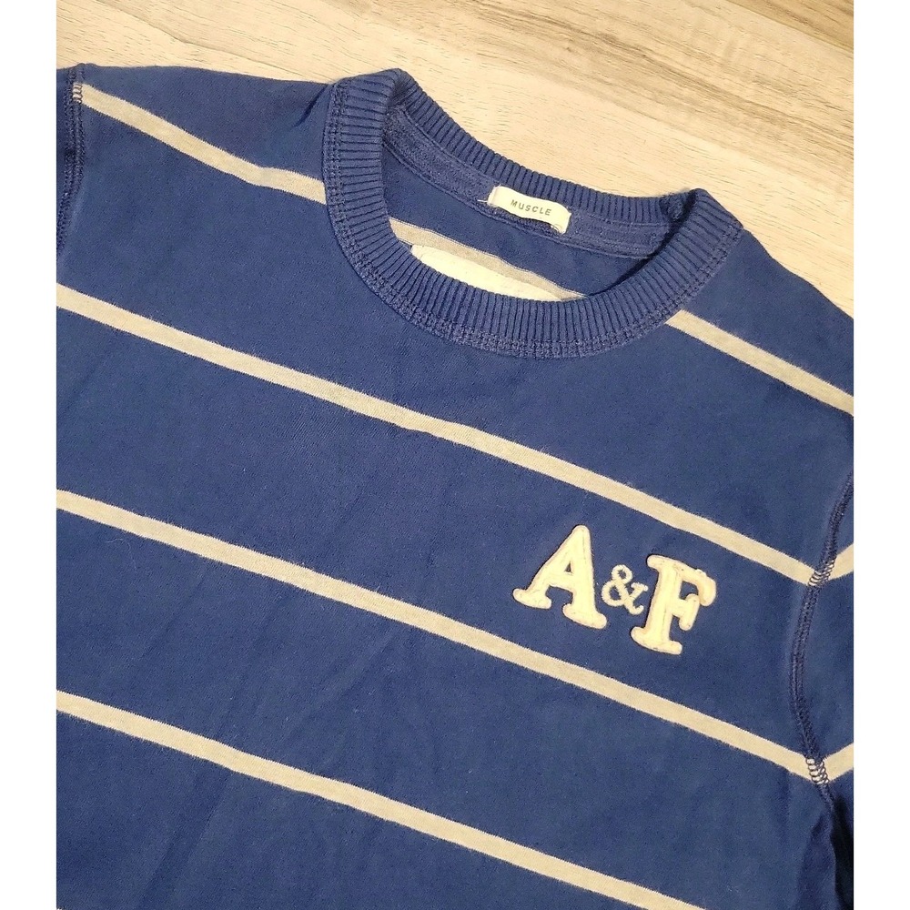 Abercrombie & Fitch Men Sweatshirt L Blue Striped Logo Muscle Lightweight Y2K